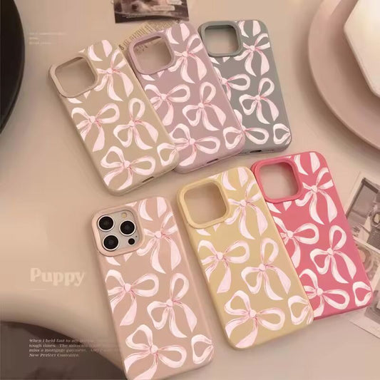 Light Pink Bow Pattern Soft Silicone Phone Case For iPhone 16 Pro Max 15 14 13 12 11 Pro 15 16 Plus Shockproof Bumper Cover