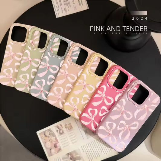 Light Pink Bow Pattern Soft Silicone Phone Case For iPhone 16 Pro Max 15 14 13 12 11 Pro 15 16 Plus Shockproof Bumper Cover