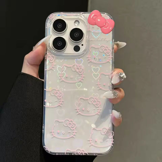 Lovely Hello Kitty Full Screen Pink Laser Bow Phone Case For iPhone 16 15 14 12 13 11 Pro Max XR XS MAX 7 8 PLUS MINI Y2K Cover