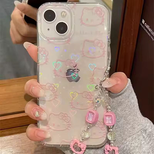 Lovely Hello Kitty Full Screen Pink Laser Bow Phone Case For iPhone 16 15 14 12 13 11 Pro Max XR XS MAX 7 8 PLUS MINI Y2K Cover